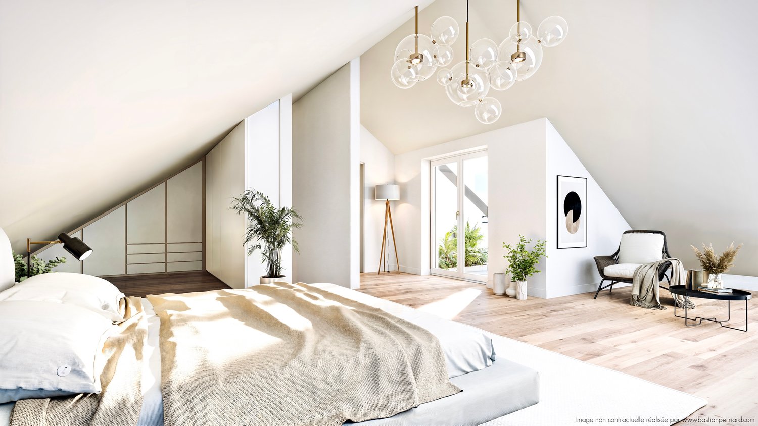 wooden floor, white ceiling, double bed, lamps, chairs, plants, picture frame, windows