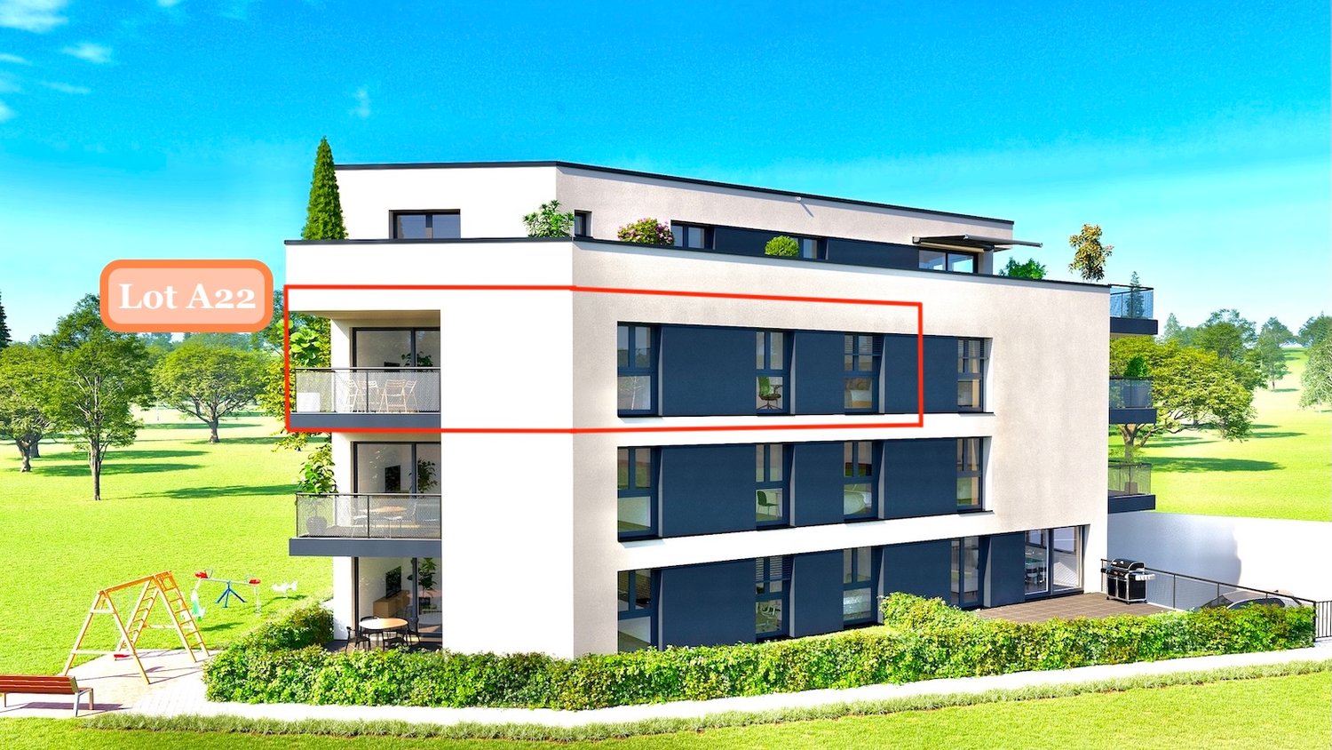 White apartment complex with terrace on first floor, balcony on second floor, brown bench, grassy area, car in front, trees, plants, white and blue walls