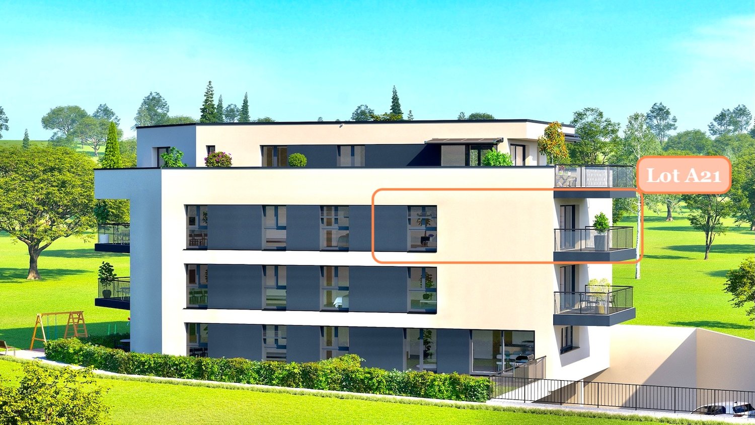 modern multi-storey apartment building, multiple balconies, fenced, large windows, landscaped garden, nearby park