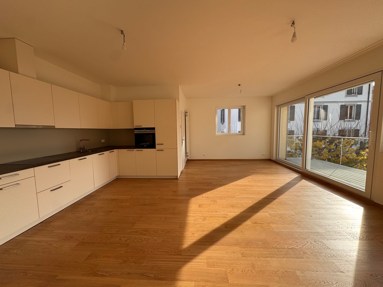 modern kitchen with white cabinets, black countertops, wooden floor, glass doors to balcony, integrated appliances