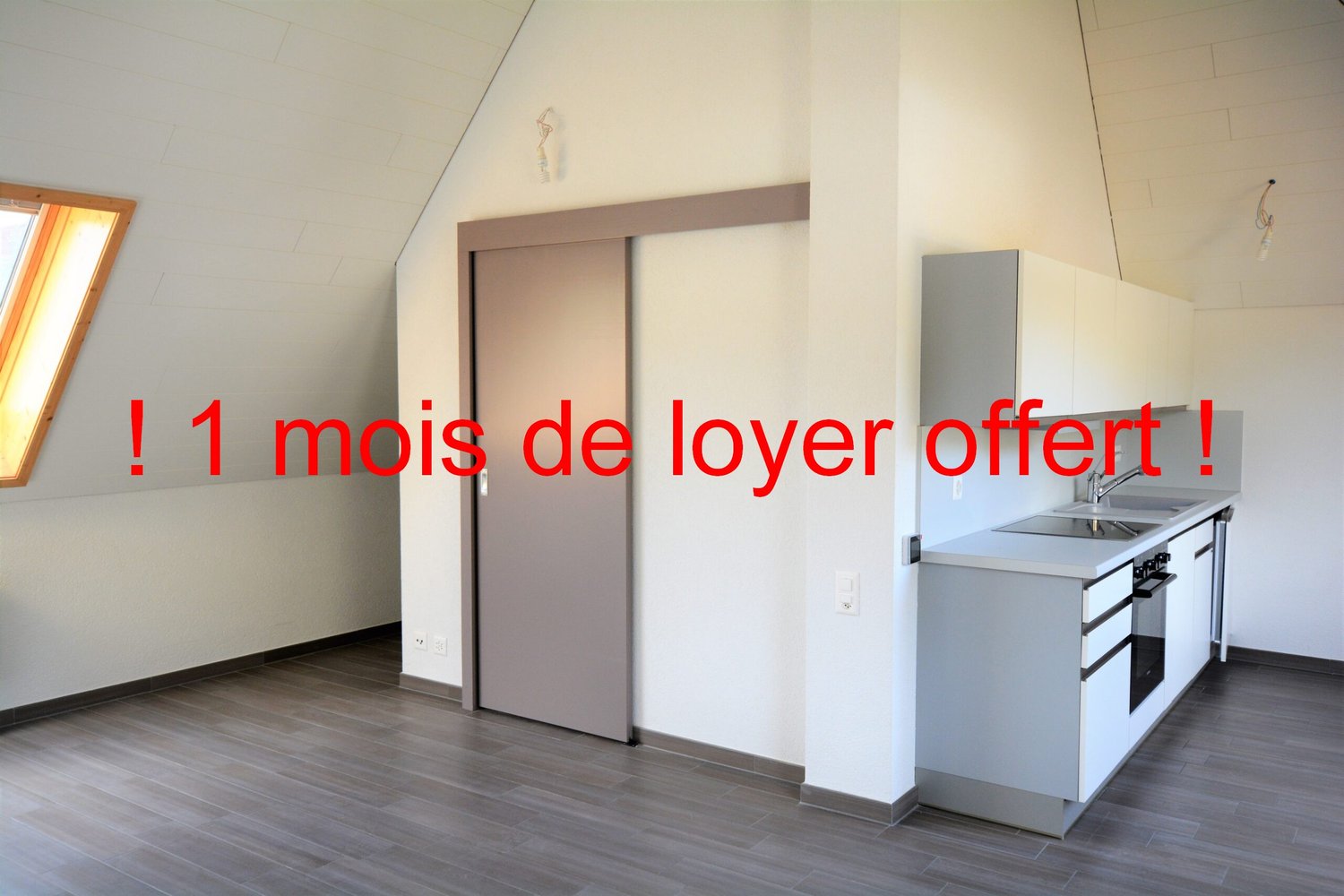 Open-plan studio apartment with hardwood flooring, white walls, sliding door, and a kitchenette with a dishwasher. The image also displays a promotional message indicating '1 month of rent offered'.