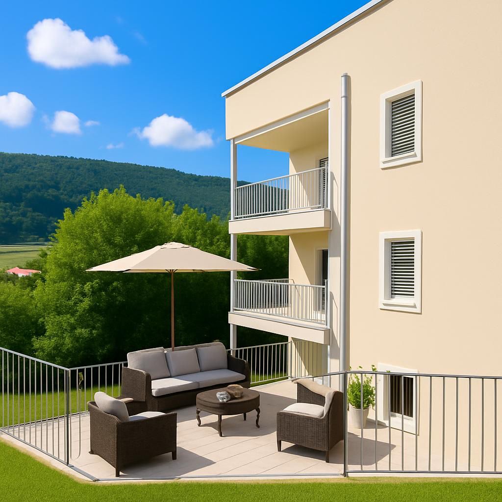 Apartment building with beige walls, multiple balconies, patio with outdoor furniture, a sofa, a table, an umbrella and a plant in a pot.