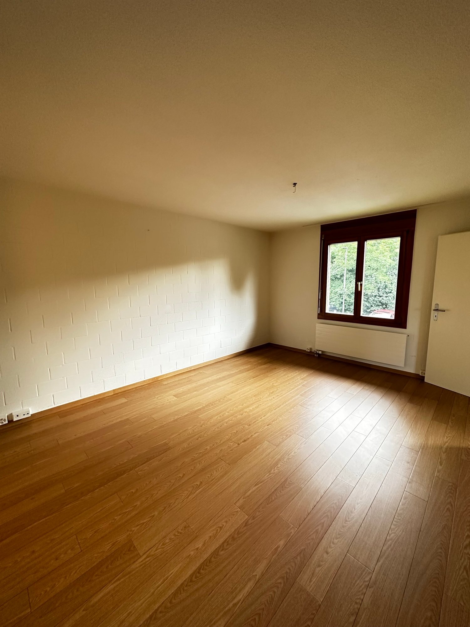 Empty room with white walls, hardwood flooring, and a window overlooking the outdoors.