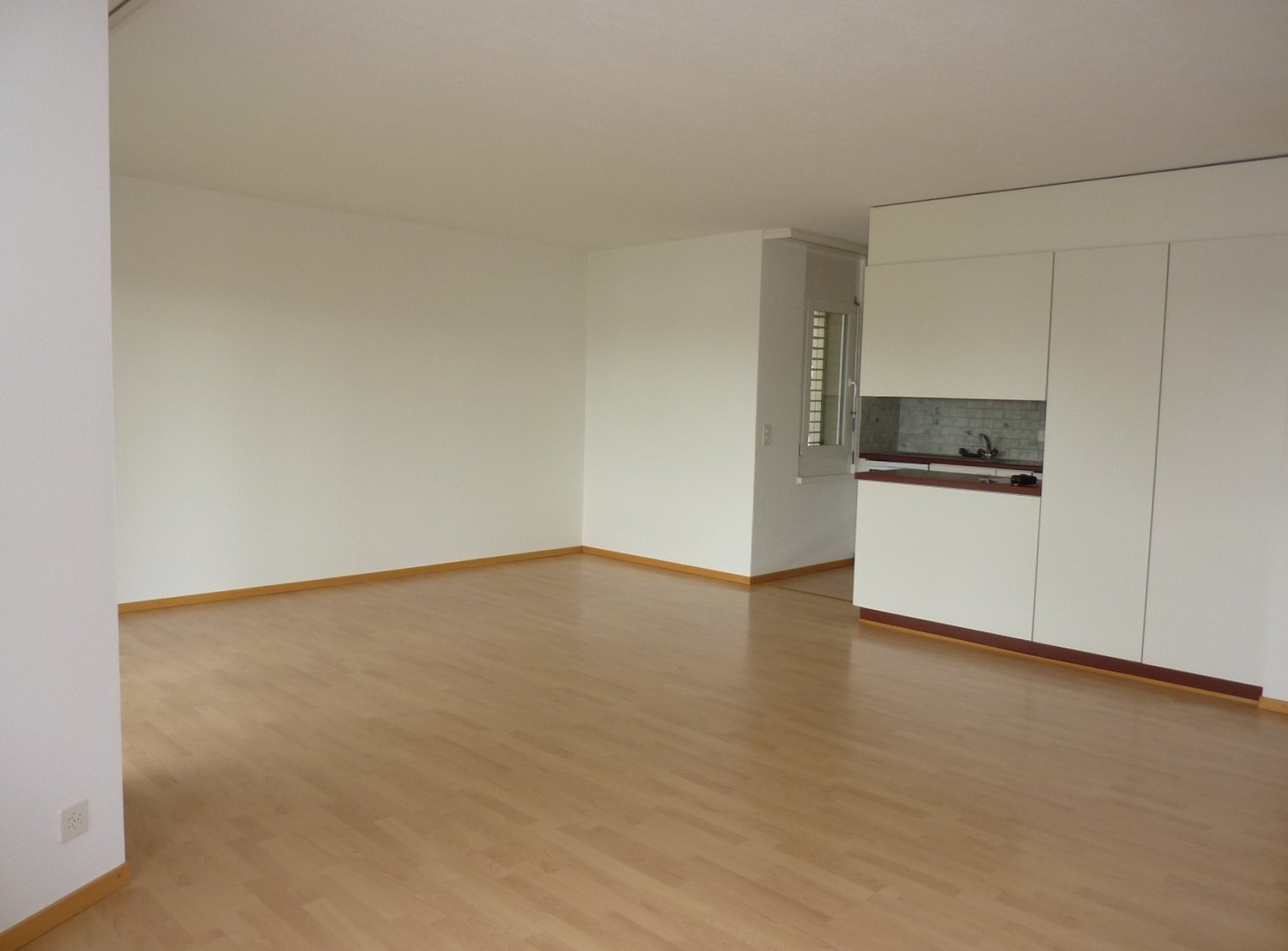 empty room, wooden floor, white walls, kitchen with sink and cabinet