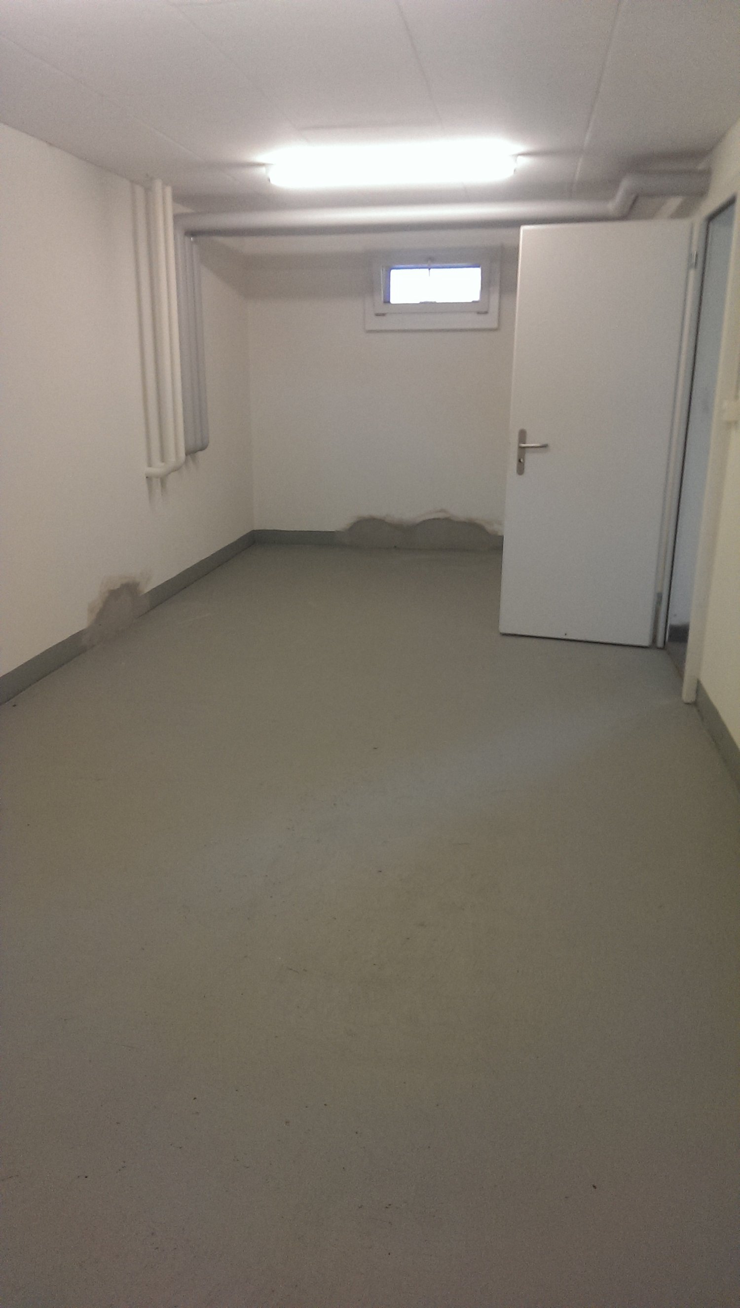 empty room, white walls, white floor, window, door, no furniture, small hallway at the entrance