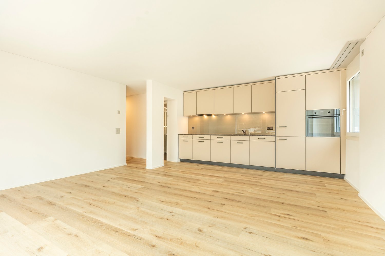 Empty modern kitchen with wooden floors, white walls, modern white cabinets, and appliances.