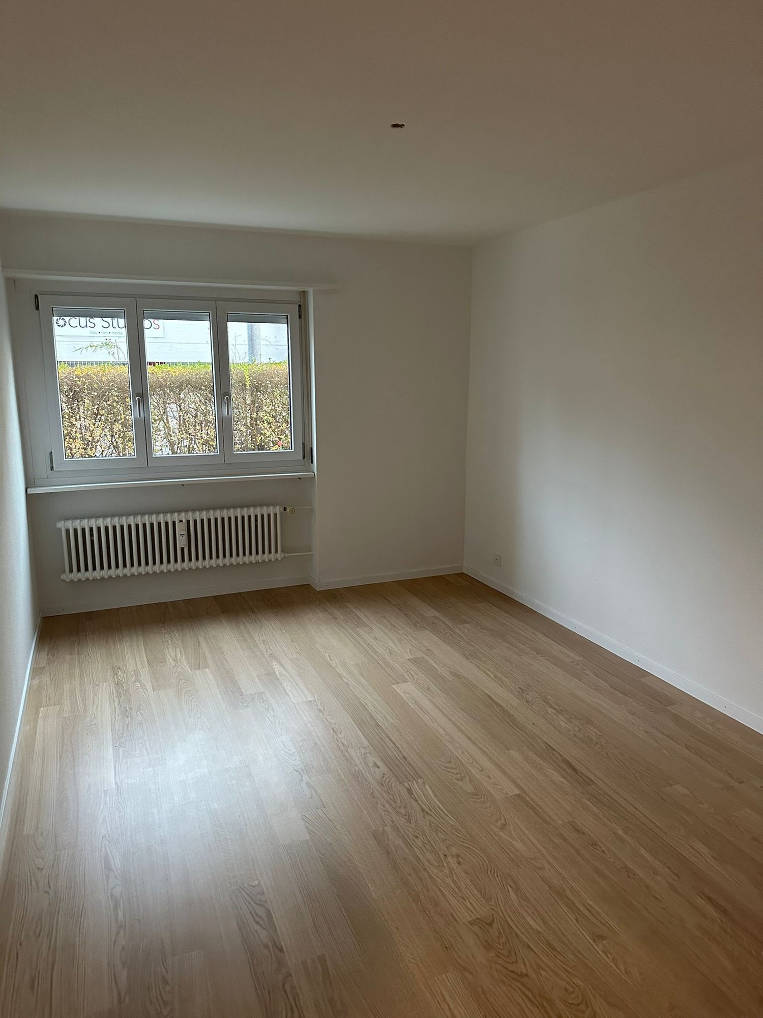 empty room, wooden floor, white walls, white radiator, window with view
