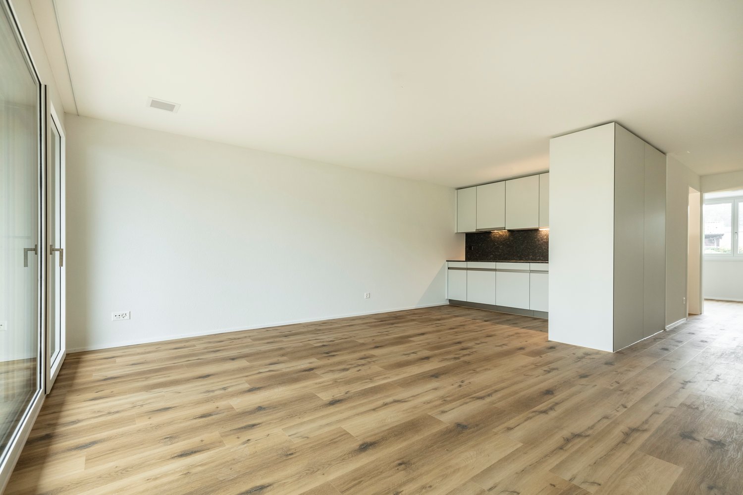 open living area, wood floor, kitchen with cabinets, power outlet