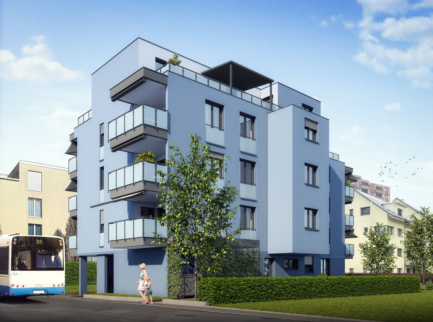 residential building, multiple floors, blue exterior, balconies on each floor, green shrubs, tree