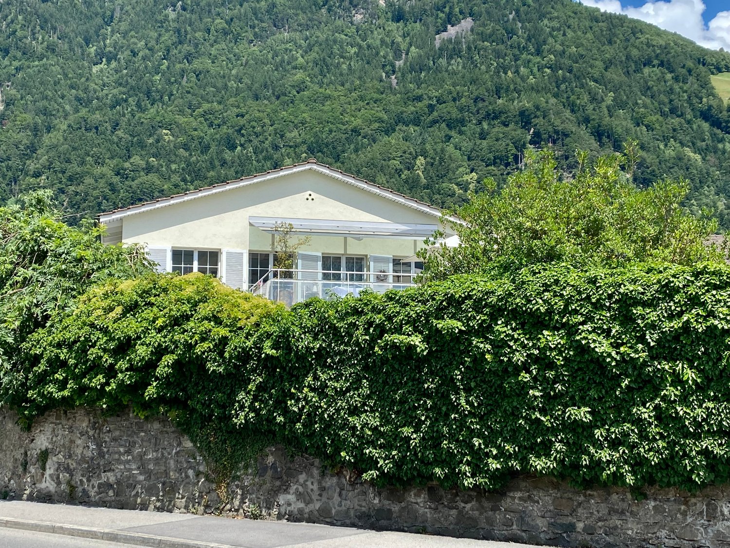 single story house, white exterior, glass windows, balcony, stone wall, surrounded by greenery, mountain in the background