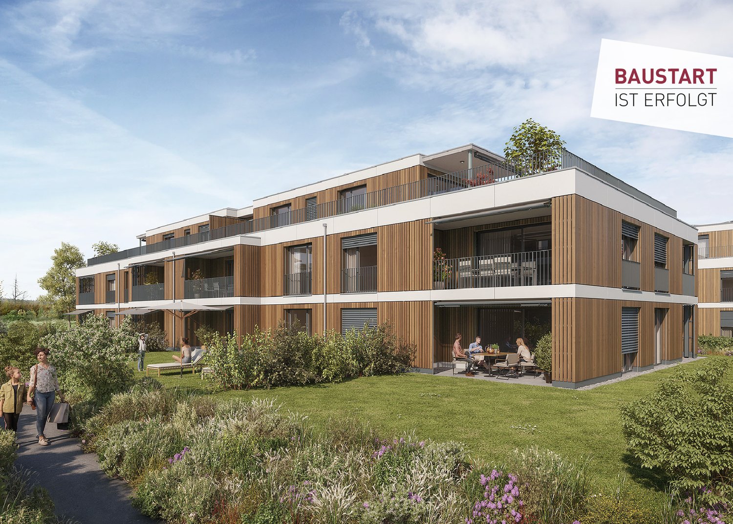 3-story modern apartment building with wooden and glass facade, balconies, and a landscaped garden area in front