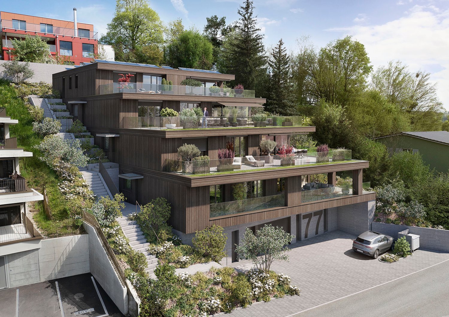 multi-story house, brown exterior, solar panels, multiple balconies, green terraces, parking area