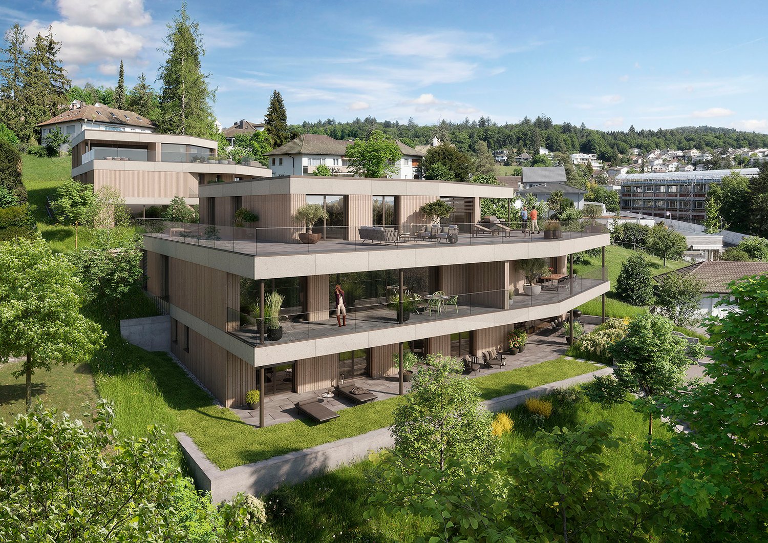 Modern multi-story house, large glass windows, multiple balconies, surrounded by greenery