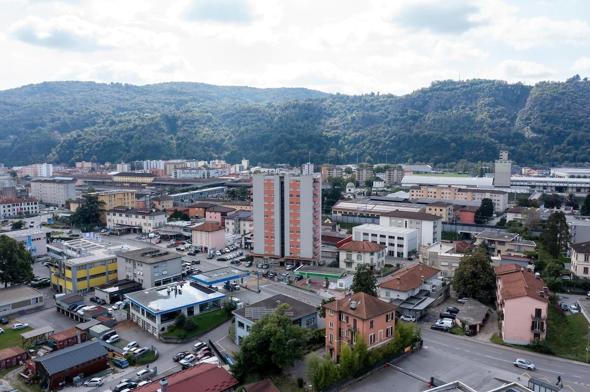 Cityscape with diverse buildings, various greenery, several cars parked, and an urban environment with roads and hills in the background.