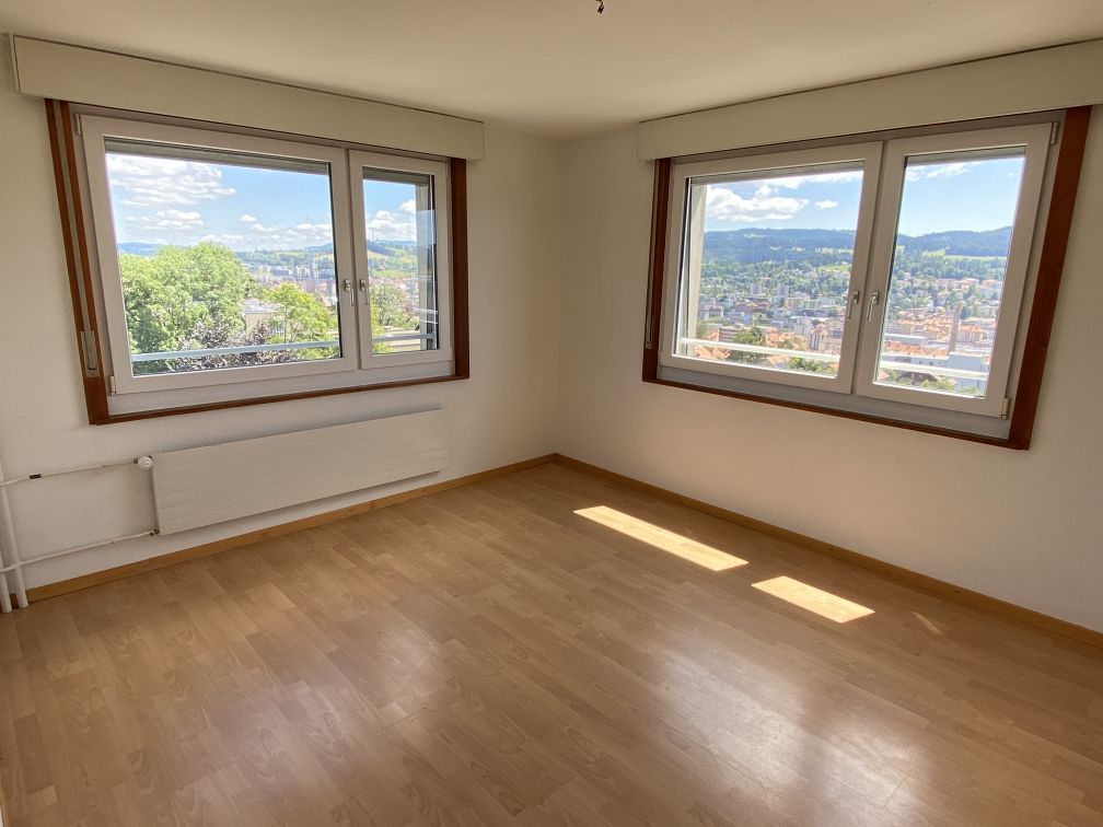 empty room, wooden floors, two large windows, city view, white walls, central heating