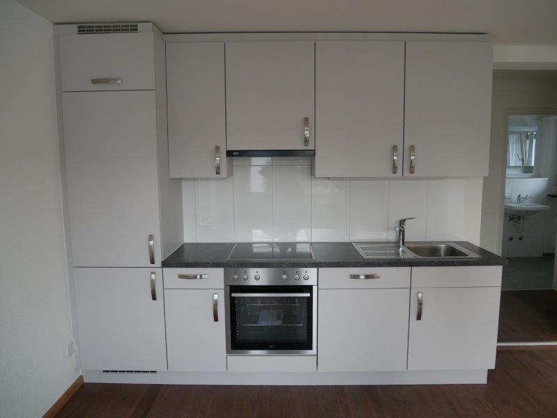 modern white kitchen, gas stove, oven, granite countertop, integrated dishwasher, built-in fridge