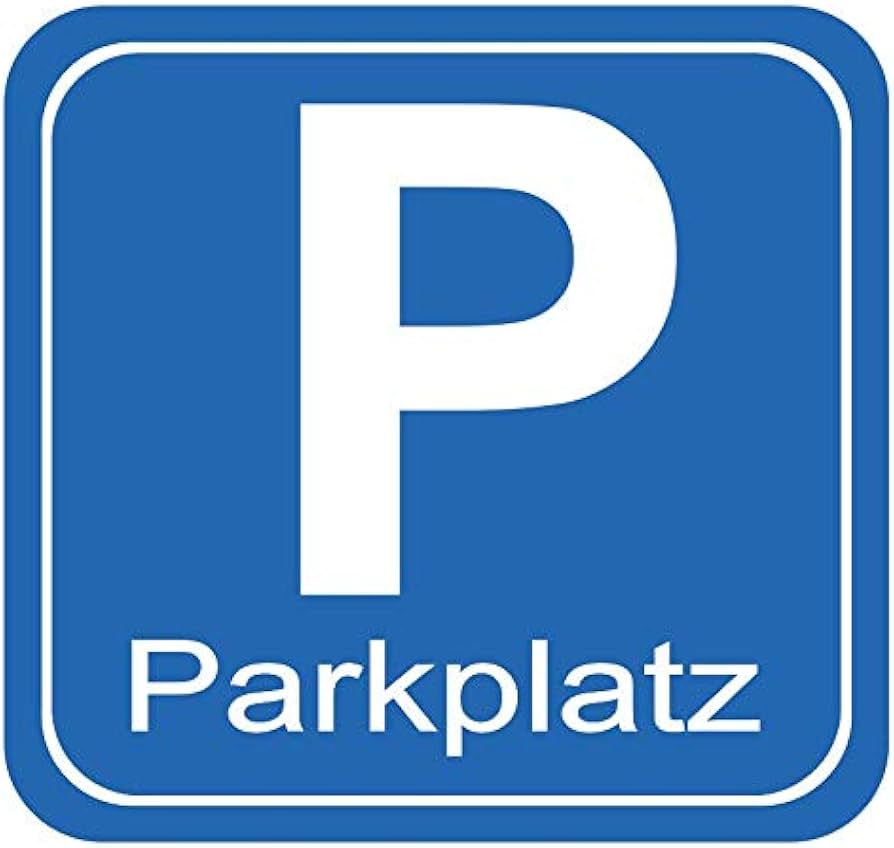 Blue sign with a white P in the middle, and 'Parkplatz' in white underneath