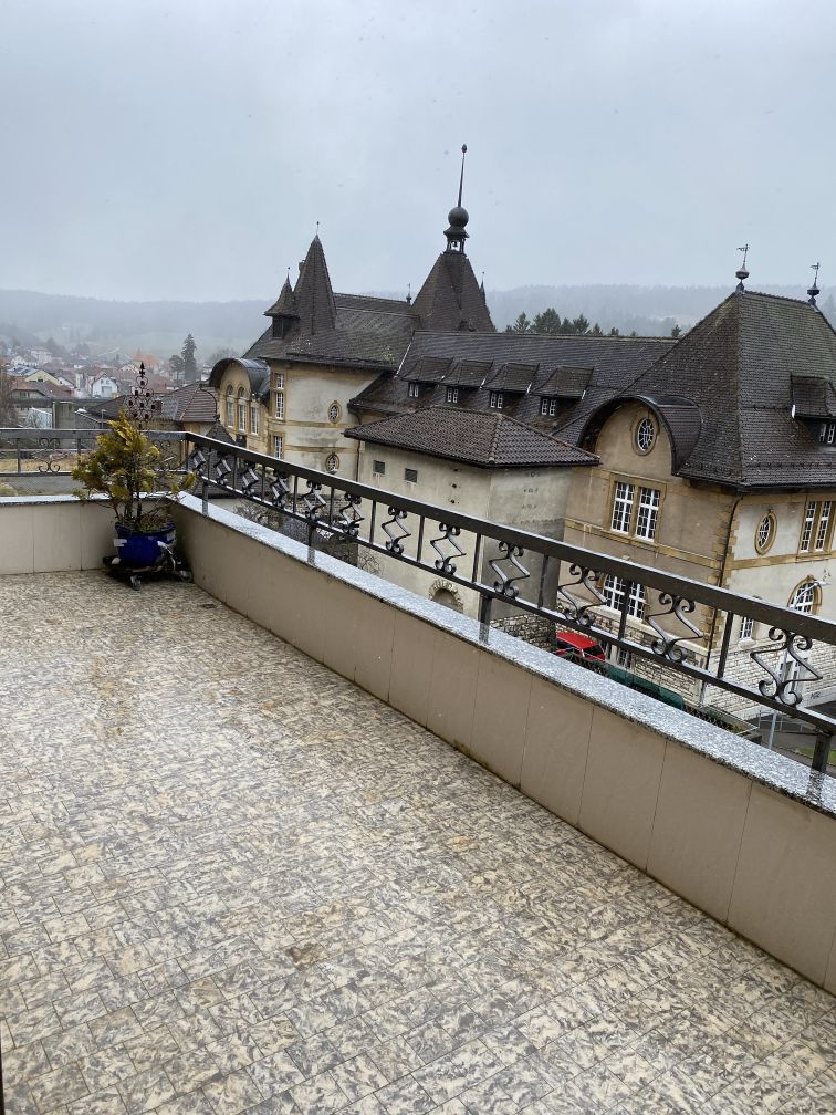 Balcony with tiled floor, metal railing, potted plant, view of a large building