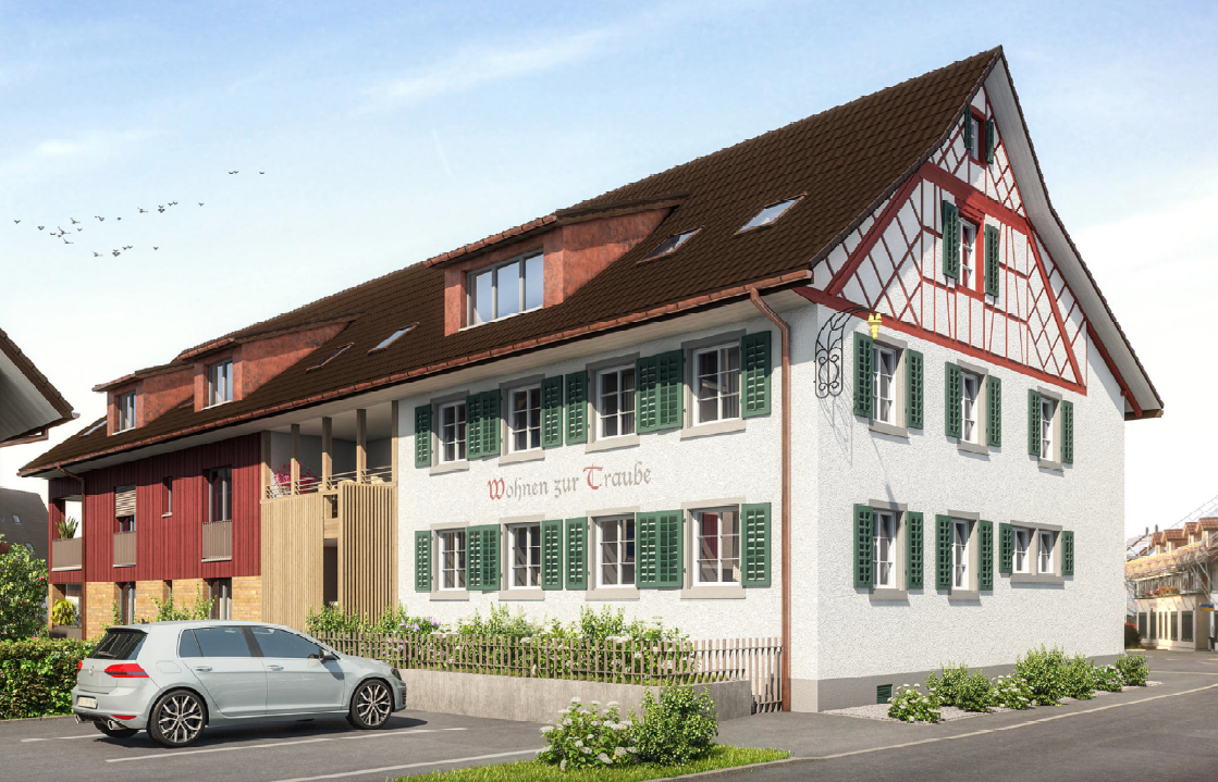 2 story house, brown roof, white walls, green shutters, red trim, car parked in front
