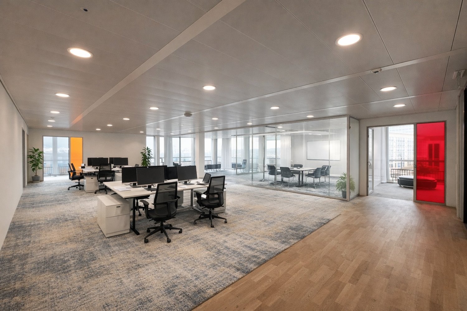 open office space, modern office furniture, office tables, chairs, glass walls, glass doors, plants