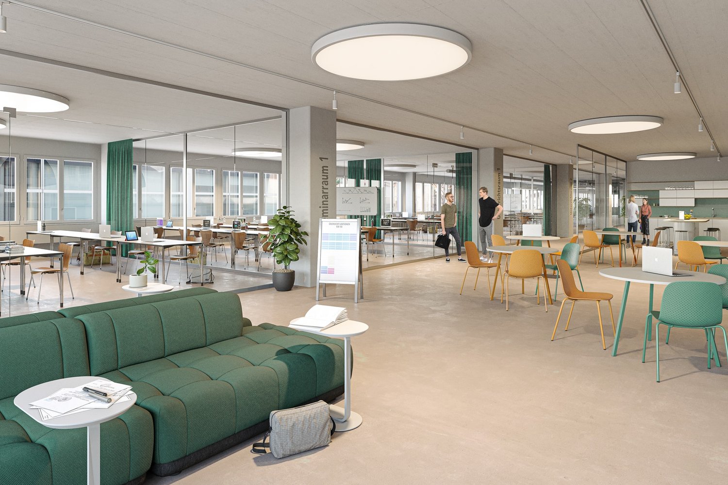 Open floor plan with breakout areas, seating areas, large windows, and office equipment.