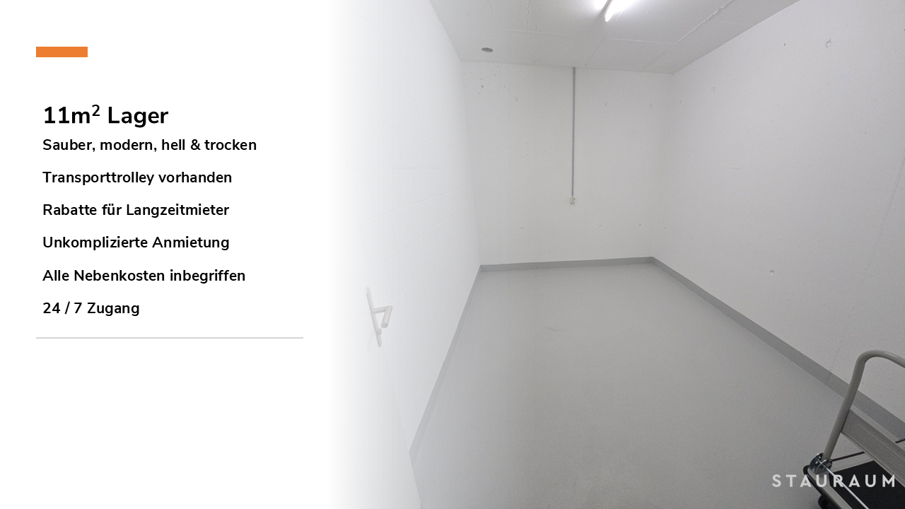Empty room, white walls, gray floor, transport trolley, 24/7 access