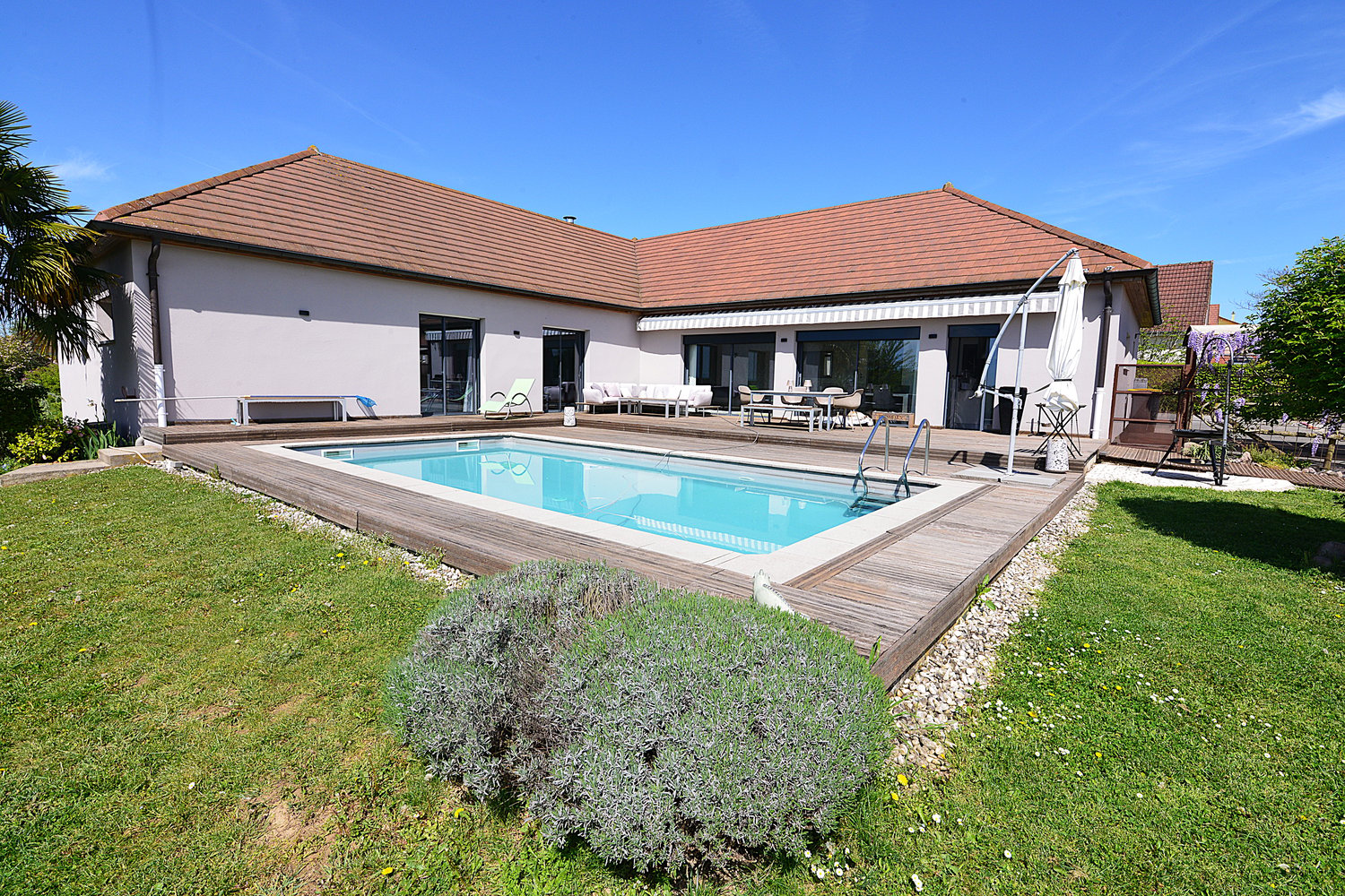 Modern house with swimming pool, wooden deck, and garden