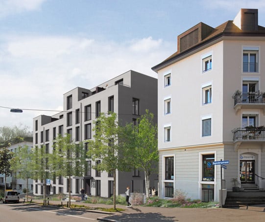 3-story apartment building with 12 units, modern design, white exterior, balcony, trees and shrubs landscaping