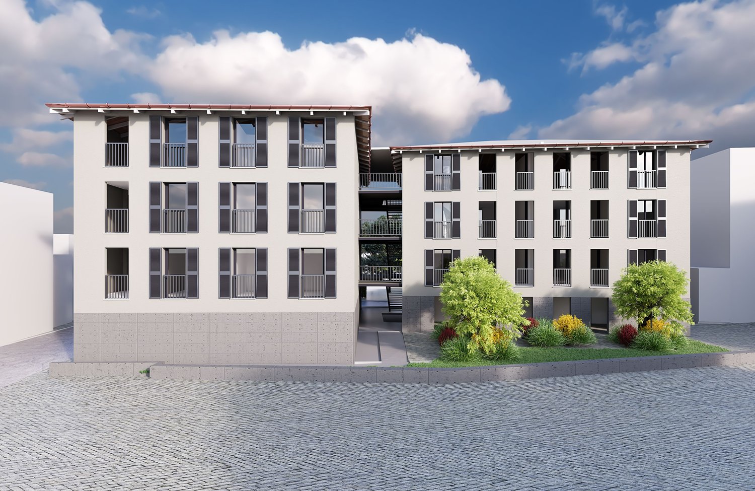 A modern, multi-story apartment building with a clean, minimalist design. The building features a rectangular shape with multiple floors, large windows, and balconies on each floor. The exterior is predominantly gray in color with some accent colors in th