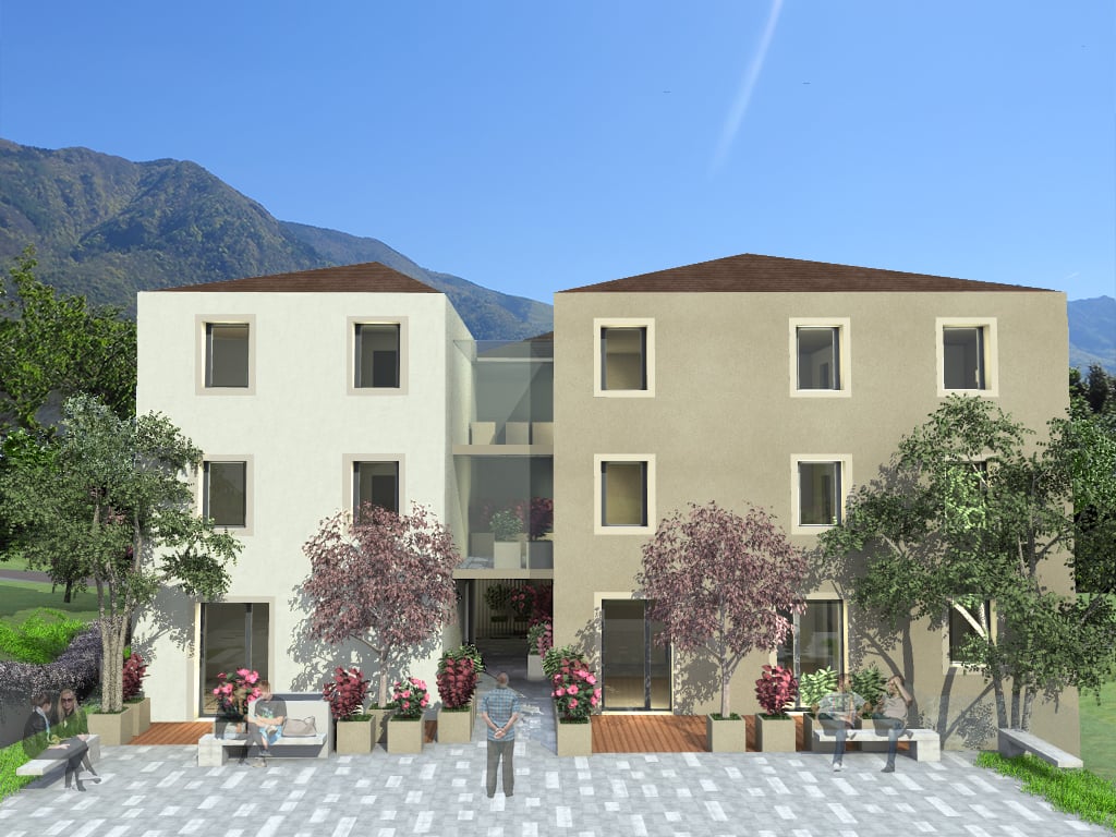 3-story apartment building with beige exterior, large windows, balconies, and landscaping with trees and flowers in the foreground
