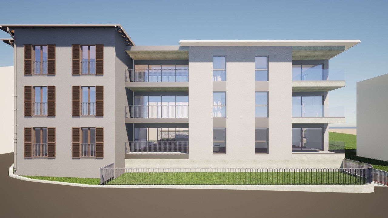 3-story apartment building with a modern, minimalist design. The building has large windows, balconies, and a flat roof. The exterior is a combination of white and brown tones, with wooden shutters on some of the windows. The building is surrounded by a g