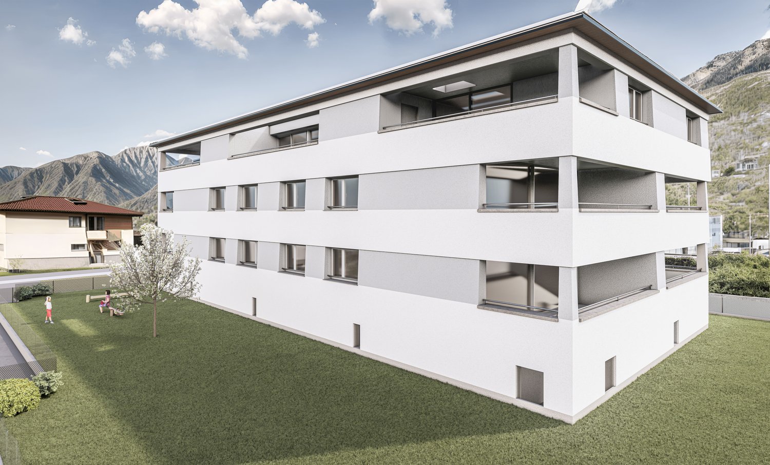 Modern multi-story building with white exterior, balconies, and a green lawn in front.