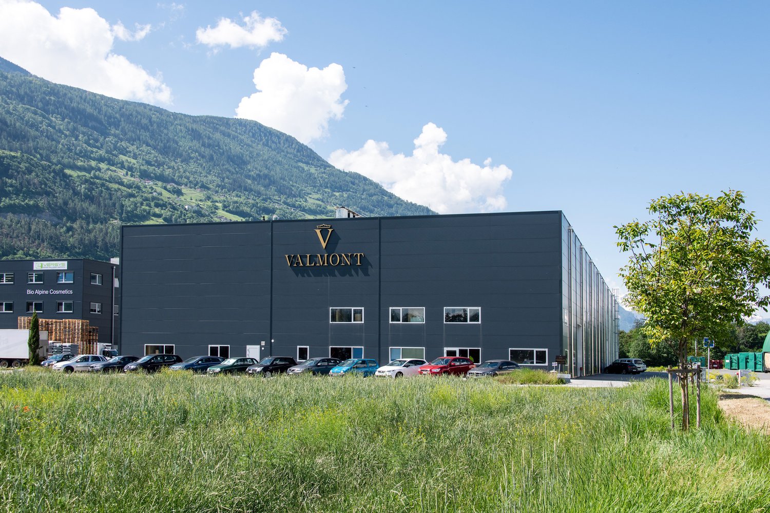 Large black industrial-style building with the Valmont logo, surrounded by a grassy area and parked cars in the foreground. The building appears to be a commercial or industrial facility located in a mountainous, forested area.