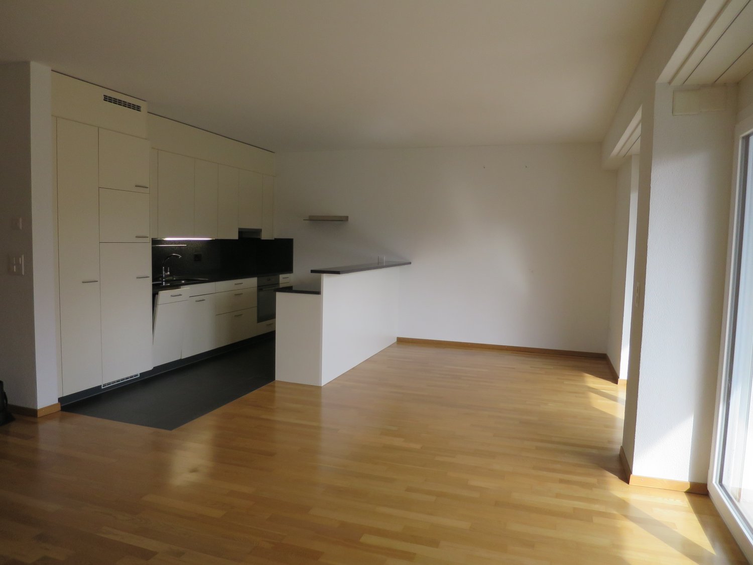 modern kitchen with white cabinets, wooden floor, black countertop, modern appliances