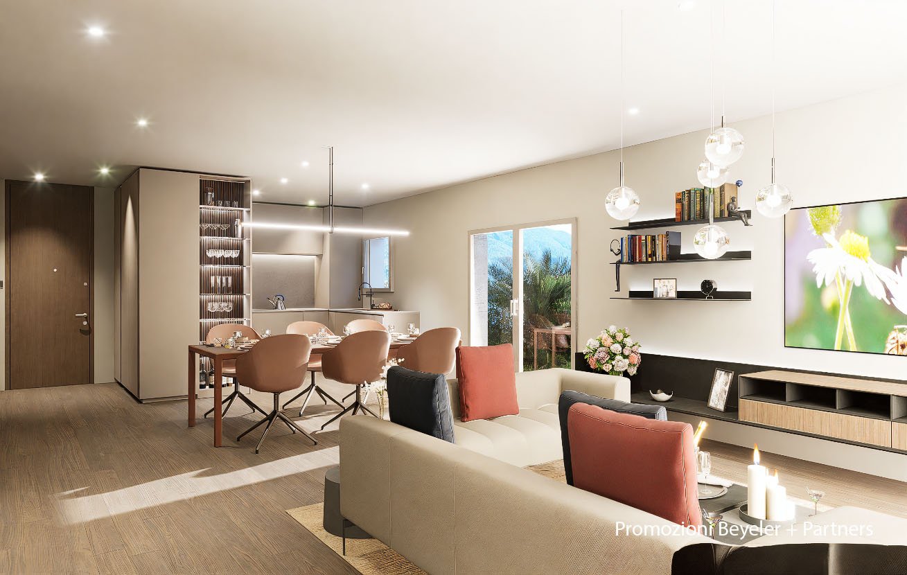 Modern living room with dining area, dining table, chairs, couch, shelves, TV, decorative items, flowers