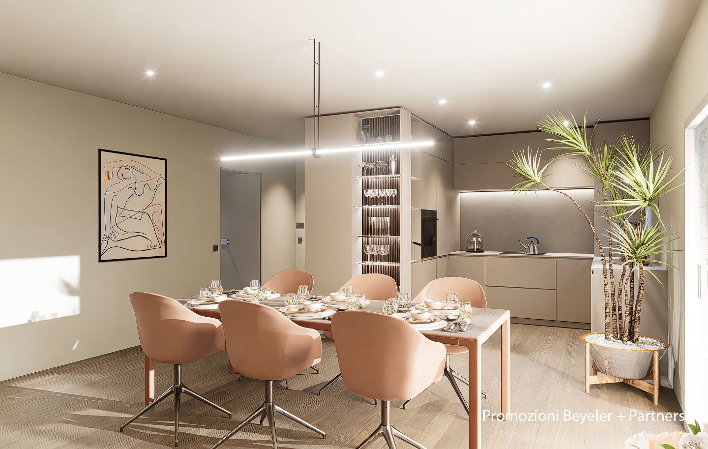 large dining table with chairs, light fixtures, shelves with wine glasses, modern design, large windows