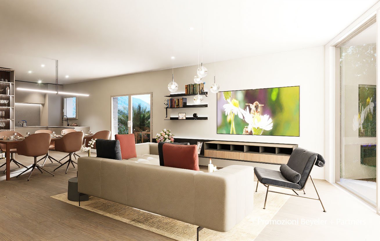 modern interior, wooden flooring, dining table, comfortable sofas, large windows with a balcony, mounted television, wooden shelves