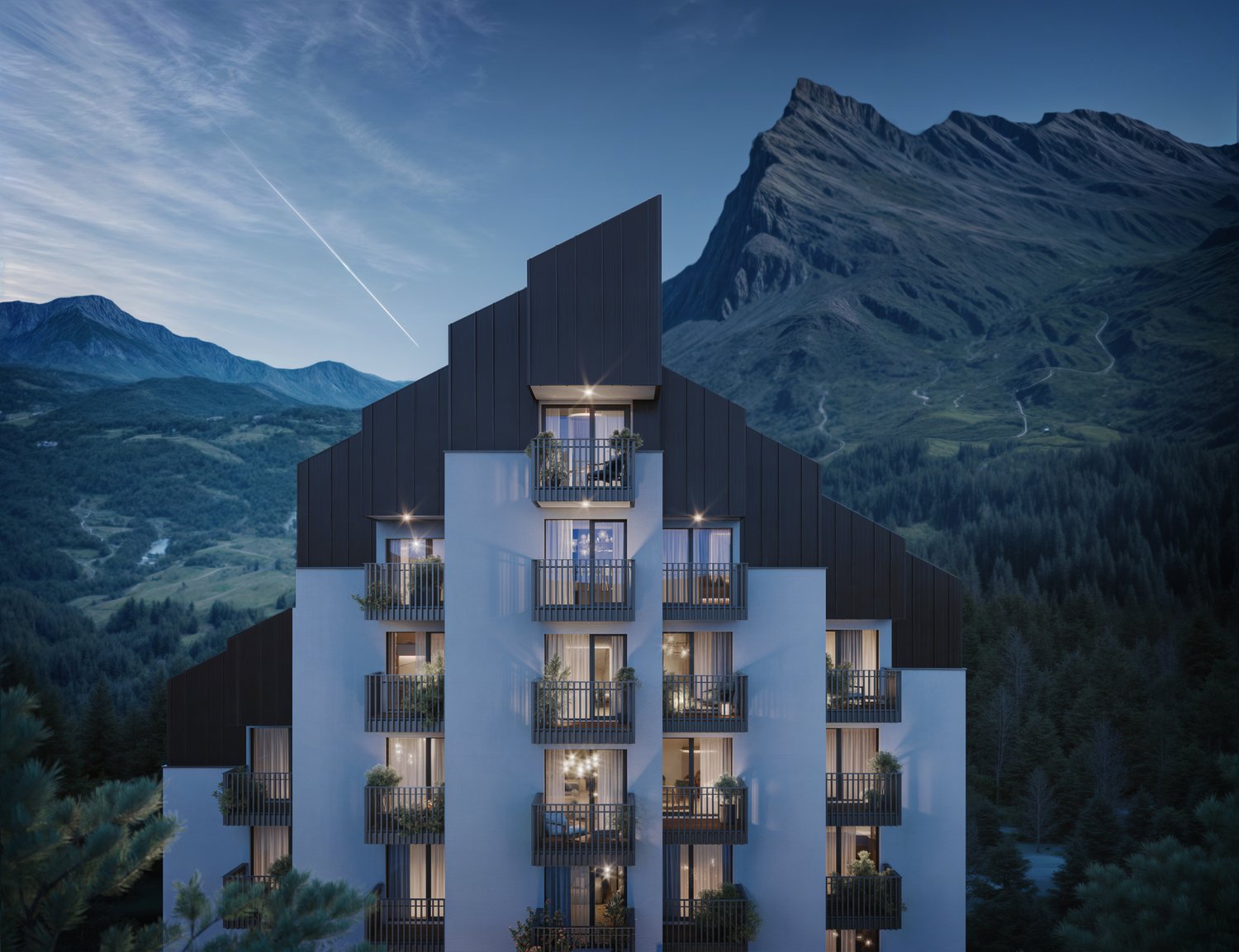 Modern multi-story apartment building with black exterior panels and numerous balconies overlooking a mountainous landscape with snow-capped peaks in the background.