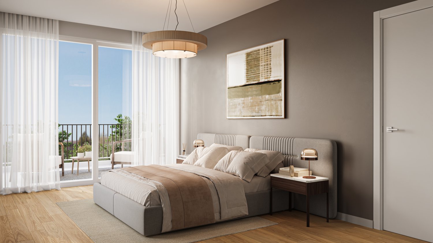 Large bedroom with bed, nightstands, lamps, and decorative rug, gray walls, sliding windows, balcony with railing, white curtains