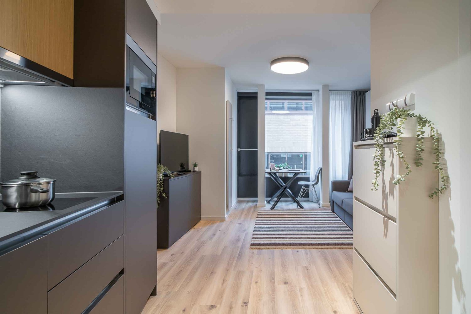 Open-concept living area with kitchen, living room, and balcony. Modern kitchen with built-in appliances including a dishwasher. Hardwood flooring throughout. Cozy living room with sofa and dining table. Large windows providing natural light and access to