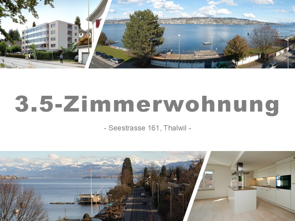 3.5-Zimmerwohnnung located on Seestrasse 161, Thalwil. Featuring multiple buildings, a lake view, mountains, and trees.