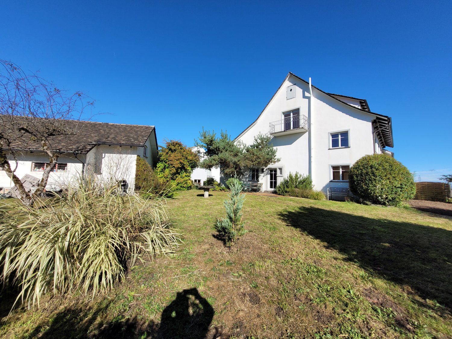 white house with balcony, two story, garden with trees and bushes, shadow of the camera