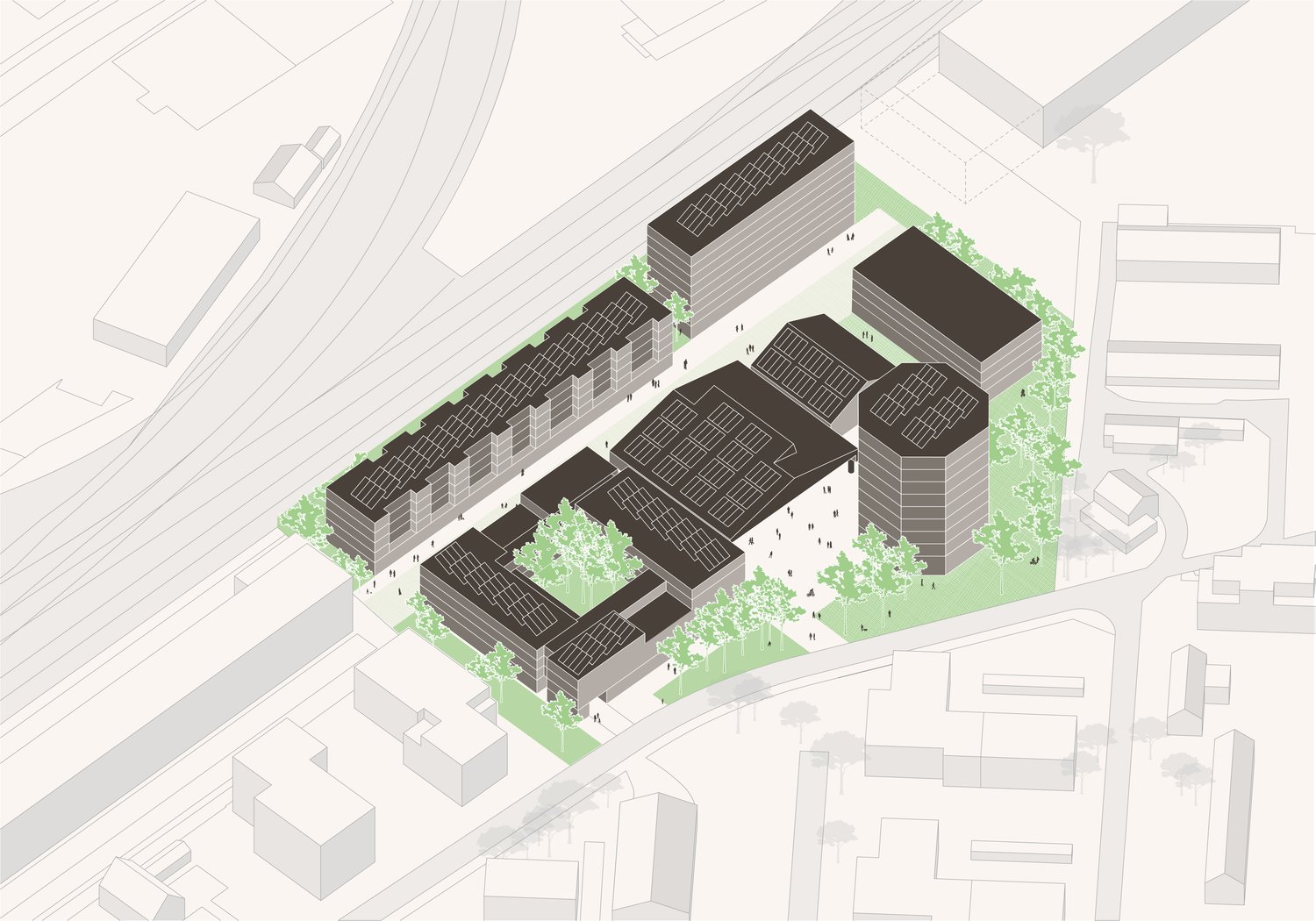 Multiple buildings, solar panels on rooftops, pathways, green spaces, trees