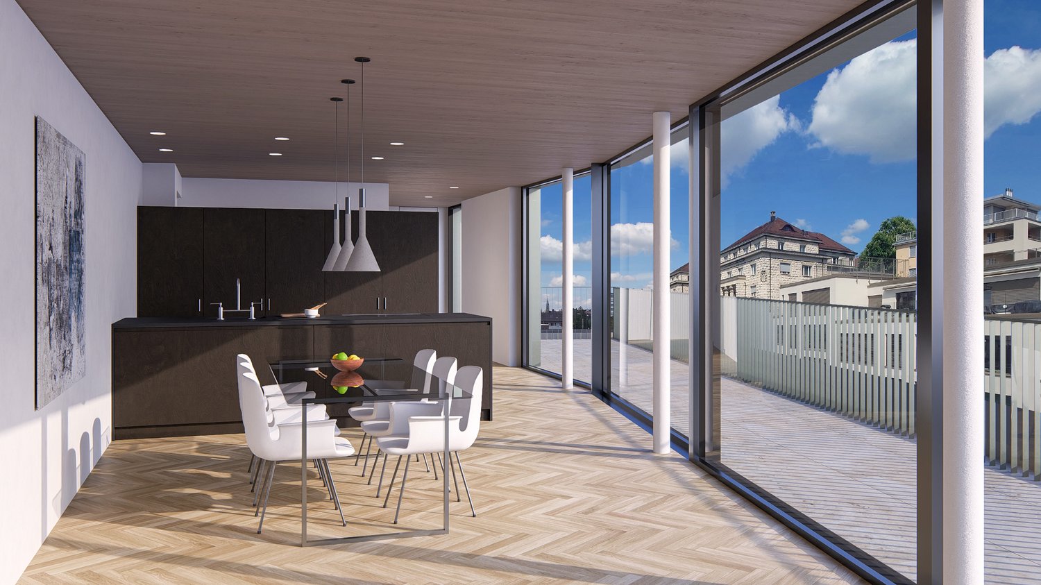 Spacious open-plan living area with modern kitchen, dining table and chairs, large windows overlooking a balcony or terrace with a view of the city skyline