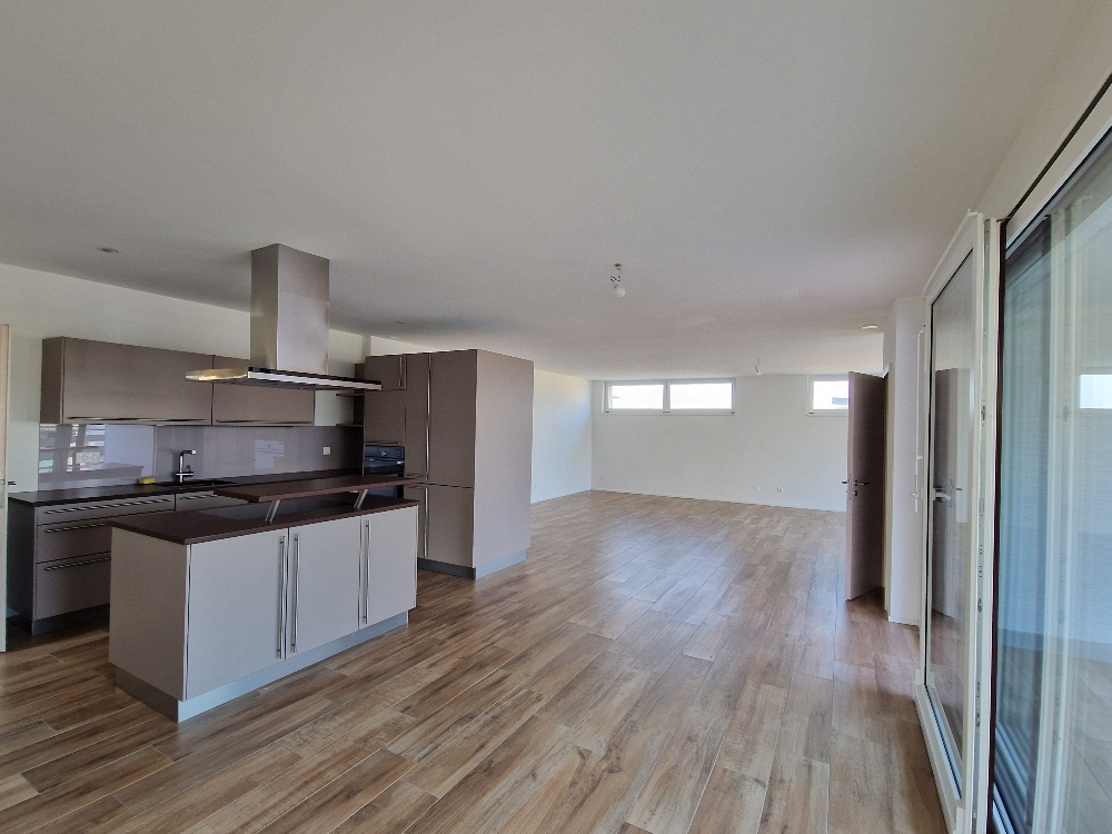 modern kitchen with wooden floor, white walls, built-in appliances, large windows