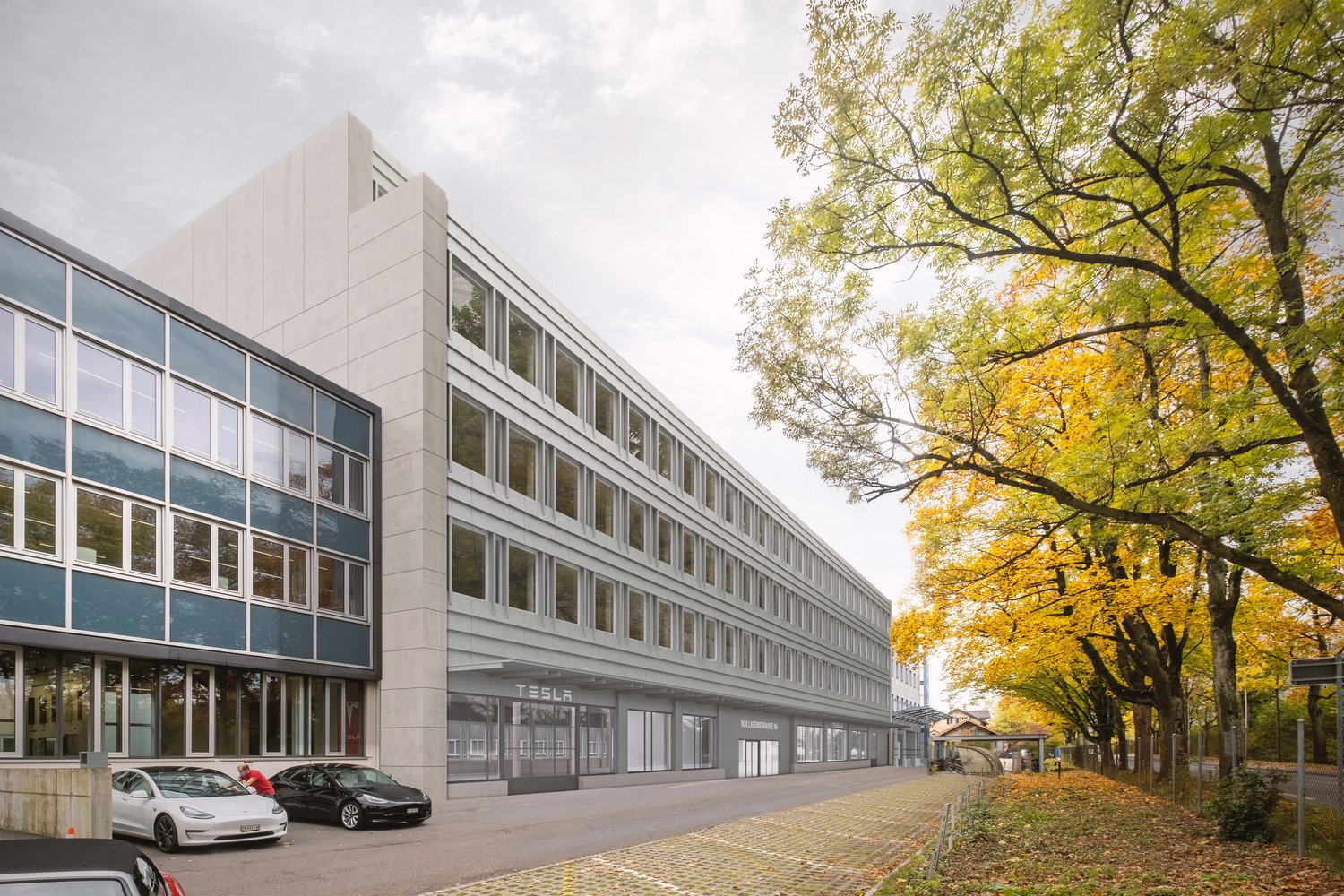 Office building with 3 floors, glass windows, Tesla branding, paved road, trees, and parked cars