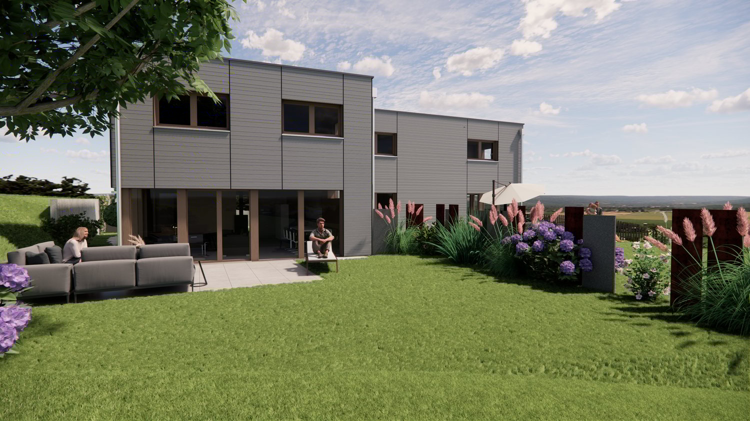 2-story modern gray house with large windows, balconies, and a grassy yard with landscaping including purple flowers and ornamental grasses