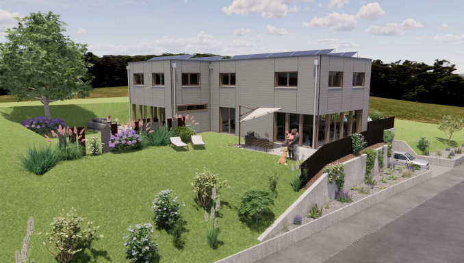 Two-story modern house with gray siding, large windows, balconies, and a landscaped yard with a paved driveway and parking area.