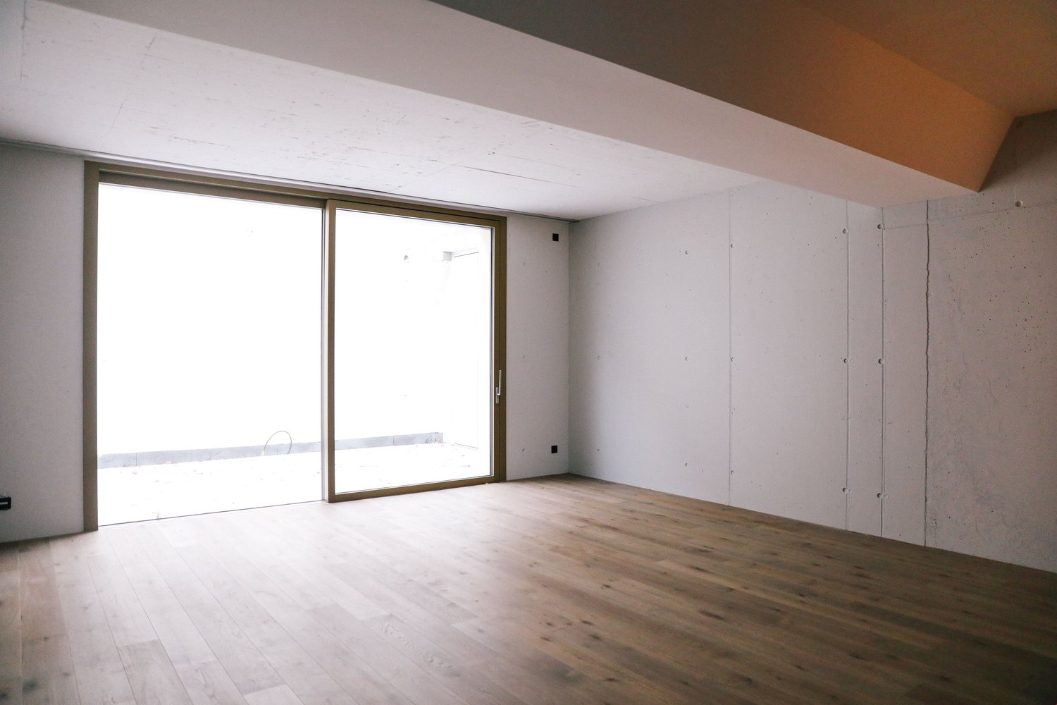 Large open room with hardwood flooring, white walls, and a sliding glass door leading to a balcony or terrace.