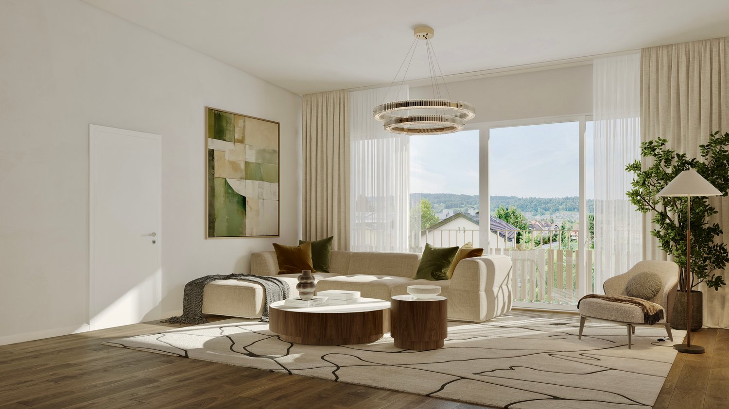 Open room, hardwood floor, couch with pillows, coffee tables, lamp, artwork, window, balcony, plant, chandelier